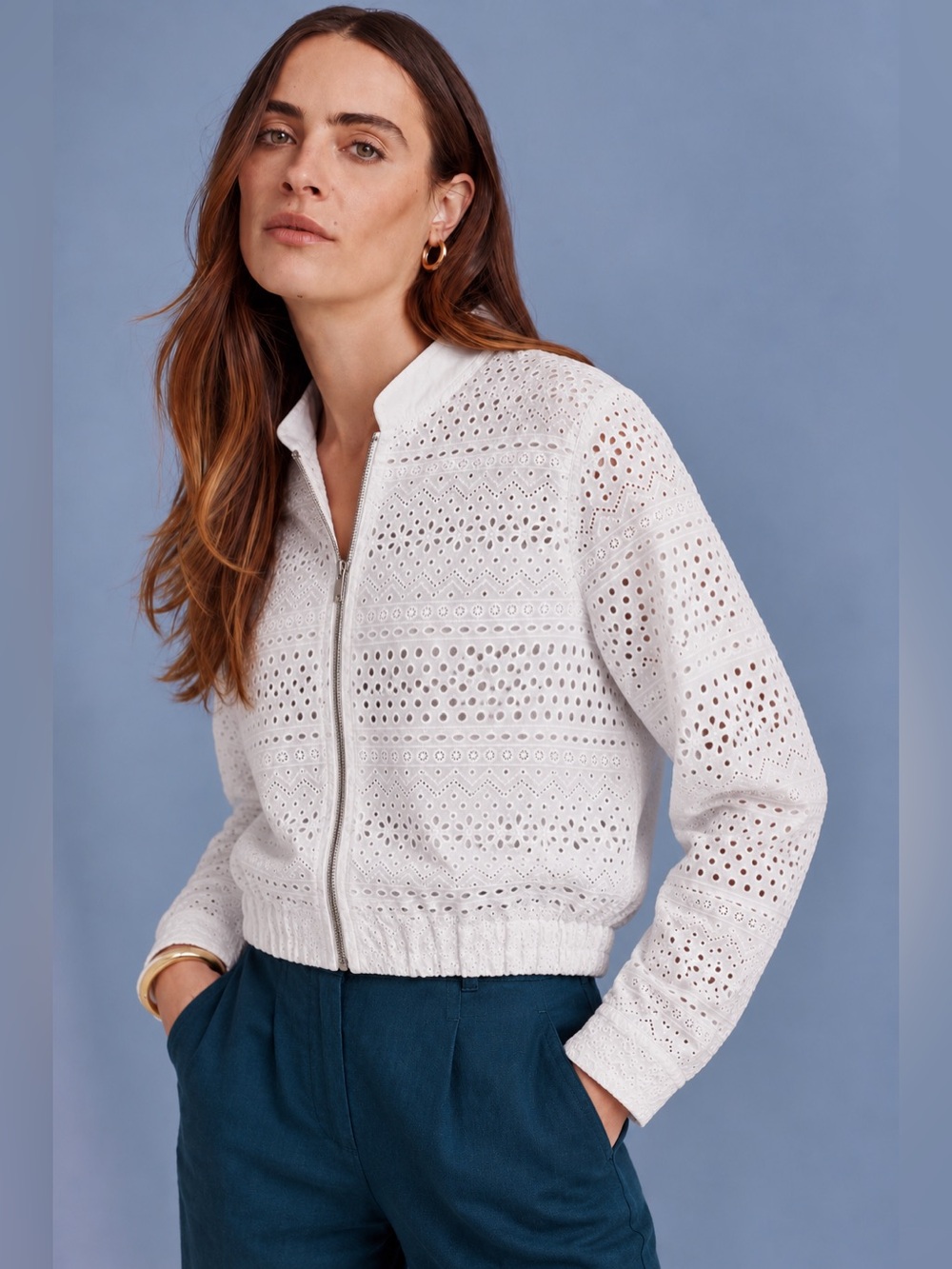 Laundry by Shelli Segal White Eyelet Zip-Front Bomber Jacket